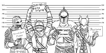 4boys armor arms_up bearer_of_the_curse bloodborne breastplate chainmail character_name chosen_undead coat commentary_request copyright_name crossover dark_souls_(series) dark_souls_i dark_souls_ii demon&#039;s_souls fur_collar greyscale height_mark helm helmet holding holding_sign hunter_(bloodborne) knight lineup male_focus monochrome mugshot multiple_boys pauldrons short_hair shoulder_armor sign slayer_of_demons suou_yuuchi tunic upper_body