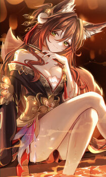 1girl absurdres animal_ear_fluff animal_ears bare_shoulders breasts brown_hair brown_hanfu cleavage closed_mouth commentary crossed_legs feet_out_of_frame folded_fan folding_fan fox_ears fox_girl fox_tail fugue_(honkai:_star_rail) green_eyes hair_between_eyes hair_intakes hair_ornament hand_fan highres holding holding_fan honkai:_star_rail honkai_(series) kasasagi_(kasasagi0000) large_breasts long_hair looking_at_viewer nail_polish off_shoulder red_nails sitting smile soaking_feet solo symbol-only_commentary tail tingyun_(honkai:_star_rail) wet