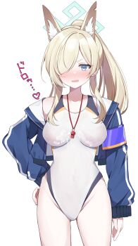 1girl absurdres animal_ear_fluff animal_ears aqua_halo arm_at_side armband bare_shoulders between_breasts blonde_hair blue_archive blue_armband blue_jacket blush breasts breasts_apart collarbone competition_swimsuit cowboy_shot cum cum_on_body cum_on_breasts cum_on_clothes cum_on_upper_body dog_ears emblem extra_ears groin halo hand_on_own_hip high_ponytail highleg highleg_one-piece_swimsuit highres hip_bones impossible_clothes impossible_swimsuit jacket kanna_(blue_archive) kanna_(swimsuit)_(blue_archive) long_hair long_sleeves looking_at_viewer medium_breasts murase48 off_shoulder one-piece_swimsuit open_clothes open_jacket open_mouth ponytail scowl simple_background single_vertical_stripe sleeves_past_wrists solo standing straight-on swimsuit thighs track_jacket translation_request two-sided_fabric two-sided_jacket v-shaped_eyebrows whistle whistle_around_neck white_background white_one-piece_swimsuit
