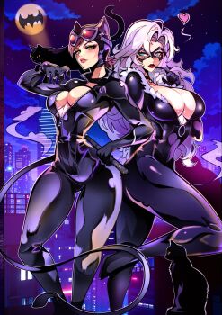2girls animal animal_hood animal_on_shoulder bat_signal batman_(series) black_bodysuit black_cat black_cat_(marvel) bodysuit breasts cat cat_hood catsuit catwoman city cleavage commentary crossover dc_comics domino_mask english_commentary eye_mask felicia_hardy fur-trimmed_bodysuit highres hood huge_breasts leather_suit marvel mask multiple_girls night poison_the_cat selina_kyle spider-man_(series) superhero_costume trait_connection whip