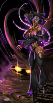 1girl ass bodypaint braid breasts cleavage curvy dark-skinned_female dark_skin dolores_(kof) dress earrings female_focus glasses gold green_eyes hands_up heel_up high_heels highres huge_ass jewelry large_breasts long_hair long_sleeves megaween mud multicolored_hair muscular muscular_female panties purple_hair round_eyewear the_king_of_fighters thick_lips thick_thighs thighs tight_clothes toned toned_female two-tone_hair underwear white_hair