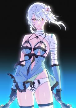 1girl bandaged_arm bandages blue_negligee braid breasts cowboy_shot dual_wielding flower gloves hair_between_eyes hair_flower hair_ornament highres holding holding_sword holding_weapon kaine_(nier) lingerie medium_breasts negligee nier nier_(series) panties solo standing steklowataa sword thighs underwear weapon white_hair white_panties yellow_eyes
