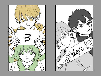 2boys 2girls black_eyes black_hair border brown_eyes brown_hair closed_mouth collarbone commentary_request countdown_illustration english_text eyelashes fingernails fsz_tb green_eyes green_hair grey_eyes grey_hair highres holding holding_sign huang_pao-lin lara_tchaikoskaya multiple_boys multiple_girls open_mouth partially_colored purple_border sengoku_subaru short_hair sign smile thomas_taurus tiger_&amp;_bunny very_short_hair