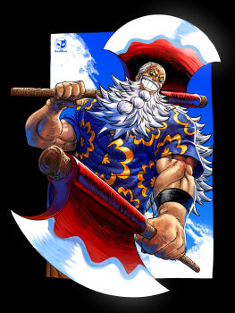 1boy absurdres artist_logo artist_name axe battle_axe beard blue_sky borudbrian clenched_teeth cloud cloudy_sky commentary dual_wielding english_commentary facial_hair grin hawaiian_shirt highres holding holding_axe holding_weapon logo long_hair male_focus muscular muscular_male mustache old old_man one_piece round_eyewear scar scar_on_face scopper_gaban shirt short_sleeves sky smile solo sunglasses teeth weapon yellow-framed_eyewear