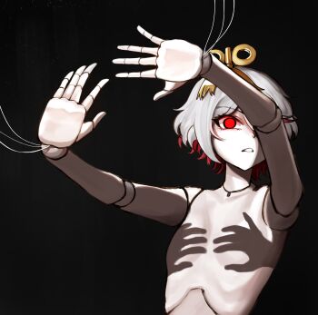 1girl absurdres black_background breasts cecilia_immergreen colored_inner_hair doll_joints hand_shadow_covering_breasts_(meme) highres hololive hololive_english joints meme multicolored_hair outstretched_arms red_eyes red_hair short_hair small_breasts solo topless_female virtual_youtuber white_hair winding_key zookacchi