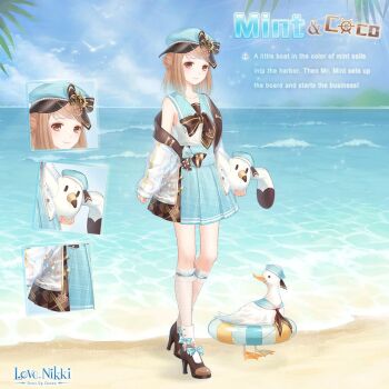 1girl animal artist_request beads bird black_bow black_bowtie black_neckerchief black_shoes blue_bow blue_hat blue_sailor_collar blue_skirt blue_sky blunt_bangs bow bow_skirt bowtie brown_eyes brown_hair buttons character_name close-up closed_mouth clothed_animal cloud collarbone copyright_logo day dot_nose duck english_text eyelashes footwear_bow frilled_socks frills full_body hair_bun happy hat hat_bow hat_ornament high-waist_skirt high_heels holding holding_stuffed_toy innertube jacket jacket_partially_removed kneehighs knees layered_legwear light_blush light_particles logo long_sleeves looking_at_viewer mast medium_hair miniskirt mint_and_coco_(miracle_nikki) miracle_nikki multicolored_bow neckerchief newsboy_cap nikki_(series) ocean official_art outdoors palm_tree plaid_clothes plaid_sailor_collar plaid_skirt pleated_skirt polka_dot polka_dot_socks puffy_long_sleeves puffy_sleeves sailor sailor_collar sailor_hat sailor_shirt see-through_clothes see-through_jacket see-through_socks shirt shoes shore sideways_hat simple_bird single_bare_shoulder single_side_bun skirt sky sleeveless sleeveless_shirt sleeves_past_wrists smile socks solo split-color_clothes standing striped_bow stuffed_animal stuffed_seagull stuffed_toy swim_ring tareme third-party_source tree white_jacket white_shirt white_socks yellow_bow