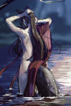 1boy absurdres actcat3 adjusting_hair animal_ears arms_up ass back black_hair blurry blurry_background branch brown_hair facing_away fox_boy fox_ears fox_tail from_behind hair_ribbon highres kemonomimi_mode long_hair male_focus modao_zushi nude open_clothes open_robe outdoors ponytail red_ribbon red_robe ribbon robe solo standing tail tree very_long_hair wading water wei_wuxian wet