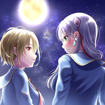 Rule 34 | 2girls, blush, commentary request, full moon, green eyes, grey hair, heaven burns red, highres, izumi yuki (heaven burns red), kayamori ruka, kepekki kanojo, looking at another, moon, multiple girls, necktie, red eyes, school uniform, short hair, sky, star (sky), starry sky, yuri