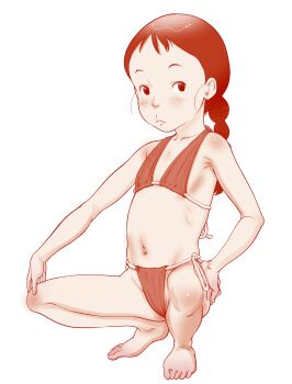 1girl ai_no_wakakusa_monogatari barefoot bikini braid braided_ponytail closed_mouth feet full_body halterneck highres loli looking_at_viewer lucy_may_popple monochrome navel red_theme riarutoruchokku short_bangs side-tie_bikini_bottom simple_background single_braid solo squatting stomach swimsuit toes white_background world_masterpiece_theater