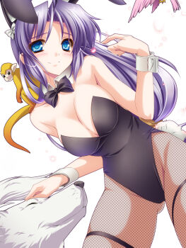 1girl animal_ears bird blue_eyes breasts cleavage detached_collar dog fake_animal_ears female_focus fishnet_pantyhose fishnets highres large_breasts long_hair monety monkey original pantyhose playboy_bunny purple_hair rabbit_ears solo wrist_cuffs