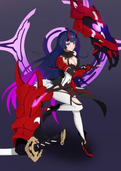 Rule 34 | 1girl, absurdres, ahoge, armor, black boots, boots, breasts, cleavage, commentary request, highres, holding, holding sheath, holding sword, holding weapon, honkai (series), honkai impact 3rd, horns, katana, kenjo9797, large breasts, long hair, looking at viewer, pauldrons, purple background, purple eyes, purple hair, raiden mei, raiden mei (herrscher of thunder), sheath, shoulder armor, simple background, single horn, single pauldron, solo, sword, thighhighs, very long hair, weapon, white thighhighs