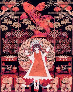 Rule 34 | 1girl, absurdres, animal ear piercing, animal ears, apron, boku (isizakitakasi), bracelet, brown hair, cat ears, cat tail, chen, cloud, dress, fingernails, fish, grey hat, hat, highres, jewelry, long fingernails, long hair, maneki-neko, mob cap, multiple tails, nekomata, pentagram, red apron, red nails, red sandals, red theme, sandals, shippou (pattern), smile, socks, solo, tail, touhou, two tails, white dress, white socks, wide shot