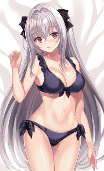 1girl bed_sheet bikini black_bikini blush breasts collarbone commentary_request dakimakura_(medium) fingernails hair_between_eyes harimoji highres long_hair lying medium_breasts on_back open_mouth red_eyes sakurakouji_luna side-tie_bikini_bottom solo swimsuit thighs tsuki_ni_yorisou_otome_no_sahou very_long_hair white_hair