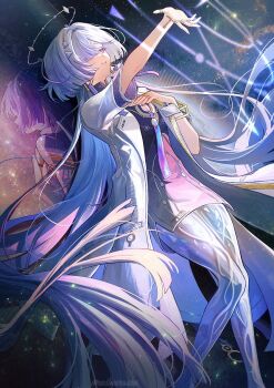 Rule 34 | 1girl, breasts, commentary, dress, earrings, english commentary, halo, hand on own chest, id card, jacket, jewelry, mornye (wuthering waves), outstretched arm, parted lips, purple dress, red eyes, redricewine, see-through body, small breasts, smile, triangle earrings, white jacket, wuthering waves