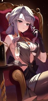 1girl absurdres arm_rest bare_shoulders black_background black_gloves black_pantyhose black_survival blunt_bangs breasts chair champagne_bottle champagne_flute cleavage closed_mouth commentary_request cup dress drinking_glass elbow_gloves eternal_return:_black_survival gloves gold grey_dress grey_eyes grey_hair hand_in_own_hair hand_up haze_(black_survival) hi_i_dubu highres holding holding_cup korean_commentary large_breasts light_particles long_hair looking_at_viewer official_alternate_costume on_chair pantyhose red_pupils round_table sidelocks sitting solo table thighs very_long_hair