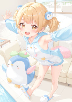 1girl animal_hair_ornament animal_print armpits bare_legs bird blonde_hair blue_hoodie blush choppy_bangs commentary_request couch creature day detached_sleeves drawstring full_body highres hood hoodie indoors leaning_forward long_sleeves looking_at_viewer no_pants no_socks open_mouth original outstretched_arms pom_pom_(clothes) print_hoodie rebun short_hair sleeveless sleeveless_hoodie slippers smile solo spread_arms standing twintails two-tone_hoodie yellow_eyes