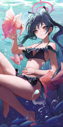 Rule 34 | 1girl, absurdres, animal ear fluff, animal ears, bare arms, bare legs, bare shoulders, barefoot, bikini, black bikini, black hair, blue archive, blush, breasts, cat ears, extra ears, frilled bikini, frills, halo, highres, hwan (verypoor), long hair, official alternate costume, parted lips, pink halo, red eyes, serika (blue archive), serika (swimsuit) (blue archive), small breasts, solo, swimsuit, twintails, underwater, water