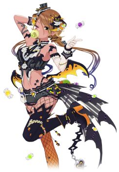 1girl asymmetrical_gloves asymmetrical_legwear belt black_eyes blowing_bubbles boots brown_hair candy dark-skinned_female dark_skin demon_horns demon_wings facial_mark fishnet_pantyhose fishnets food ghost gloves hair_ornament halloween hat heart high_heel_boots high_heels horns idolmaster idolmaster_shiny_colors idolmaster_shiny_colors_song_for_prism izumi_mei low_twintails mini_hat multicolored_hair navel official_art one_eye_closed one_leg_raised pantyhose pumpkin short_shorts shorts solo star_(symbol) transparent_background twintails wings