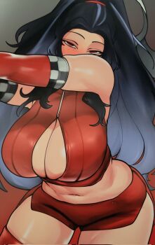 1girl arm_up bare_shoulders black_hair blush breasts brothbowl checkered_print cleavage cleavage_cutout clothing_cutout colored_inner_hair commentary corrupted_twitter_file covering_own_mouth cowboy_shot crop_top dark-skinned_female dark_skin detached_sleeves english_commentary forehead gradient_background grey_background grey_hair grey_streaks half-closed_eyes high_ponytail highres huge_breasts long_hair long_sidelocks looking_at_viewer midriff mole mole_under_eye multicolored_hair multiple_moles navel nijisanji nijisanji_en official_alternate_costume official_alternate_hairstyle ponytail race_queen red_background red_eyes red_shorts red_sleeves red_thighhighs scarle_yonaguni scarle_yonaguni_(race_queen) second-party_source short_shorts shorts sidelocks simple_background skindentation solo stomach streaked_hair thick_arms thick_thighs thighhighs thighs very_long_hair virtual_youtuber