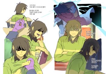 1girl 1other animification apple armor black_shirt blue_hair blue_jacket blue_skin book brown_hair cape chair claws closed_mouth clothes_grab collared_shirt colored_skin commentary_request crossed_arms deltarune desk eating floating_cape food from_behind fruit gauntlets green_sweater grey_armor hair_between_eyes hand_up highres holding holding_book holding_food holding_fruit holding_pencil holding_shield jacket korean_commentary korean_text kris_(dark_world)_(deltarune) kris_(deltarune) long_sleeves looking_at_viewer monster_girl multiple_views on_chair open_mouth other_focus pauldrons pencil pink_cape puffy_long_sleeves puffy_sleeves purple_skin rain red_eyes school_desk shaded_face shield shirt short_hair shoulder_armor simple_background single_stripe sitting smile solo_focus striped_clothes striped_sweater susie_(deltarune) sweater table teeth translation_request ttudolee utdr_(toby_fox) white_background yellow_skin