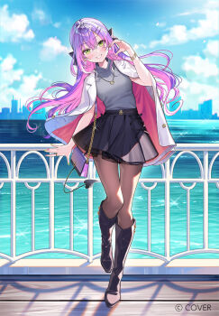 1girl :d bag black_boots black_pantyhose black_skirt blue_sky boots bracelet colored_inner_hair commentary_request copyright_name day demon_girl demon_tail double-parted_bangs earrings full_body gradient_hair green_eyes green_nails grey_sweater grin hair_between_eyes hair_ornament hairclip half-heart_hands hand_up handbag highres hololive jacket jacket_on_shoulders jewelry knee_boots lapels long_hair looking_at_viewer miniskirt multicolored_hair nail_polish necklace notched_lapels official_art okuma_mai open_mouth outdoors pantyhose parallel_hairclips piercing pink_hair pink_nails pointy_ears purple_hair ring skirt sky smile solo standing sweater sweater_tucked_in tail tail_ornament tail_piercing tokoyami_towa turtleneck turtleneck_sweater virtual_youtuber white_jacket