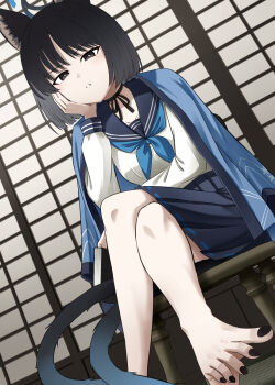 1girl animal_ear_fluff animal_ears barefoot black_choker black_eyes black_hair black_nails black_skirt blue_archive blue_coat blue_neckerchief blue_sailor_collar book chair choker coat coat_on_shoulders crossed_legs dutch_angle fusuma halo hand_on_own_face highres holding holding_book kamelie kikyou_(blue_archive) long_sleeves looking_at_viewer nail_polish neckerchief pleated_skirt sailor_collar school_uniform serafuku short_hair sitting skirt sliding_doors solo tail white_serafuku