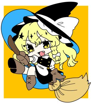 1girl absurdres apron black_hat black_skirt black_vest blonde_hair boots braid broom broom_riding brown_boots brown_gloves buttons chibi curly_hair fang fang_out frilled_hat frills gloves hair_between_eyes hair_ornament hair_ribbon hat hat_ornament hat_ribbon highres kirisame_marisa long_hair looking_at_viewer open_mouth puffy_short_sleeves puffy_sleeves ribbon ribbon_braid shirt short_sleeves simple_background single_braid skirt slit_pupils smile touhou turtleneck two-tone_background vest waist_apron white_apron white_background white_ribbon white_shirt whoru witch witch_hat yellow_background yellow_eyes