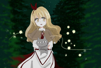 Rule 34 | 1girl, animal, apron, blonde hair, bow, brown capelet, capelet, collared shirt, commentary, ellen (touhou), enuchi (jvdm7888), hair bow, highres, long hair, long sleeves, looking to the side, neck ribbon, night, open mouth, red bow, red ribbon, red skirt, red vest, ribbon, shirt, skirt, tagme, teeth, touhou, touhou (pc-98), tree, upper teeth only, vest, waist apron, white apron, white shirt, yellow eyes