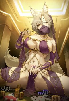 1girl absurdres ace_(playing_card) ace_of_spades animal_ear_fluff animal_ears arabian_clothes bare_shoulders bikini blonde_hair blurry blurry_foreground bracelet breasts bridal_gauntlets card chain choker coin collarbone dancer depth_of_field earrings elbow_gloves eun_soyeon_(lustyfox) five_of_clubs fox_ears fox_girl fox_tail gem gloves gold_chain gold_choker gold_trim grin harem_outfit heart heart-shaped_lock heart_choker highres jewelry korean_text large_breasts lock long_hair looking_at_viewer mole mole_on_breast mole_on_pussy mole_on_thigh mole_under_eye mouth_veil navel navel_piercing one_eye_closed original padlock pelvic_curtain piercing playing_card poker_chip poker_table pubic_tattoo pulling_own_clothes purple_bikini revealing_clothes second-party_source shawl sitting slit_pupils smile solo soy_chicken spade_(shape) spread_legs stomach strap_pull swimsuit table tail tattoo ten_of_diamonds thighs three_of_clubs two_of_hearts veil yellow_eyes
