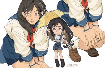 4k1030 absurdres black_hair blue_sailor_collar blue_scrunchie blue_skirt bracelet brown_shoes chocobo cowboy_shot dolphin earrings final_fantasy final_fantasy_vii final_fantasy_vii:_ever_crisis full_body hair_ornament hair_scrunchie hairclip highres holding holding_umbrella jewelry long_hair looking_to_the_side low-tied_long_hair lower_body miniskirt neckerchief official_alternate_costume pleated_skirt rain red_eyes red_neckerchief sailor_collar school_uniform scrunchie serafuku shoes single_earring skirt socks squatting standing tifa_lockhart tifa_lockhart_(midgard_seventh_high_school) twitter_username umbrella white_background white_serafuku white_socks