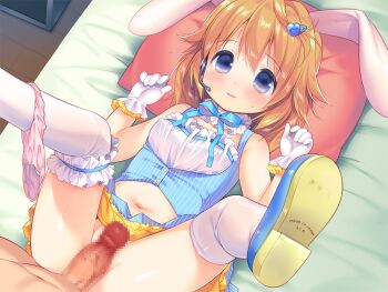 1boy 1girl animal_ears bare_shoulders blue_dress blue_eyes blue_shoes blush censored chishima_mako dress erection fang game_cg gloves hair_between_eyes hair_ornament hands_up headset heart heart_hair_ornament hetero imminent_penetration indoors large_variant_set loli lying medium_hair mosaic_censoring navel no_panties non-web_source on_back on_bed orange_hair panties parted_lips penis pillow pink_panties piyodera_mucha rabbit_ears shoe_soles shoes sleeveless sleeveless_dress smile soushisouai_lolita_no_seikatsu spread_legs striped_clothes striped_dress thighhighs underwear variant_set vertical-striped_clothes vertical-striped_dress white_gloves white_thighhighs