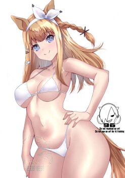 +_+ 1girl almond_eye_(umamusume) animal_ears bare_shoulders bikini blue_eyes blush bow_hairband braid braided_sidelocks breasts brown_hair closed_mouth collarbone commentary_request crow_(crowatelier) hair_between_eyes hair_ornament hairband hairclip horse_ears horse_girl horse_tail large_breasts long_hair looking_at_viewer multicolored_hair navel simple_background smile solo stomach swimsuit symbol-shaped_pupils tail umamusume white_background white_bikini white_hairband x-shaped_pupils