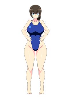 Rule 34 | 1girl, absurdres, barefoot, blue eyes, blue one-piece swimsuit, breasts, brown hair, commentary request, competition swimsuit, covered navel, full body, hands on own hips, hayami eina (tanikan0120), highleg, highleg one-piece swimsuit, highres, large breasts, long hair, low ponytail, one-piece swimsuit, original, ponytail, revision, shiny skin, sidelocks, simple background, smile, solo, swimsuit, tanikan0120, two-tone swimsuit, white background