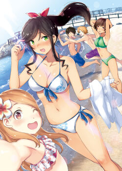 2boys 3girls :d ;d armpits arms_behind_head bare_shoulders beach bikini black_hair blue_shorts blue_sky blush breasts brown_eyes brown_hair cleavage collarbone day feet_out_of_frame floating_hair flower frilled_bikini frills glasses green_bikini hair_flower hair_ornament halterneck hashtag-only_commentary hattori_mitsuru high_ponytail highres holding holding_shirt holding_unworn_clothes ishimochi_kyuushou katakuchi_nairo kinme_wakana kirei_ni_shitemoraemasuka lens_flare light_rays long_hair long_sidelocks looking_at_viewer male_swimwear marine_day medium_breasts multiple_boys multiple_girls navel ocean one_eye_closed open_mouth outdoors outstretched_arm pier ponytail purple_shorts reaching reaching_towards_viewer red_eyes running selfie shirt short_hair shorts side-tie_bikini_bottom side_part sidelocks sky smile standing sunbeam sunlight swim_trunks swimsuit topless_male unworn_shirt upper_body wakasagi_kuriru wakasagi_moruda white_bikini