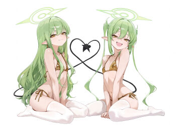 2girls :3 absurdres alternate_costume arms_between_legs bikini black_tail blue_archive blush breasts closed_mouth commentary commentary_request demon_girl demon_tail earrings fang feet film_grain flat_chest full_body gold_bikini gold_earrings green_hair green_halo hair_between_eyes hair_over_shoulder half-closed_eyes halo heart highres hikari_(blue_archive) jewelry loli long_hair long_sidelocks looking_at_viewer multiple_girls navel nozomi_(blue_archive) open_mouth pointy_ears siblings side-tie_bikini_bottom sidelocks signature simple_background single_earring sisters sitting skin_fang small_breasts smile smug split_mouth straight_hair swimsuit tail thick_eyebrows thighhighs toes toi1et_paper twins twintails very_long_hair wariza watermark watermark_grid white_background white_thighhighs yellow_eyes yellow_halo