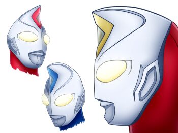 1boy alien blue_skin colored_skin commentary compound_eyes cropped_head crystal dorsal_fin forehead_jewel from_side glowing glowing_eyes gradient_eyes head_only hetareman highres looking_ahead looking_down looking_up male_focus multicolored_eyes multicolored_skin multiple_views no_pupils portrait red_skin silver_skin simple_background tokusatsu ultra_series ultraman_dyna ultraman_dyna_(flash_type) ultraman_dyna_(miracle_type) ultraman_dyna_(series) ultraman_dyna_(strong_type) white_background white_eyes yellow_eyes