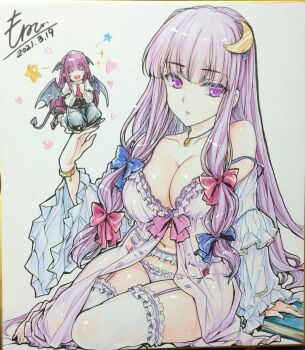 2girls alternate_costume alternate_size babydoll black_skirt blue_bow book bow breasts cleavage closed_eyes collarbone collared_shirt commentary_request crescent crescent_hair_ornament dated demon_girl demon_tail demon_wings garter_straps hair_bow hair_ornament head_wings heart highres jewelry koakuma large_breasts lingerie long_hair long_sleeves looking_at_viewer midriff mini_person minigirl monety multiple_girls multiple_hair_bows navel necklace necktie no_headwear open_mouth patchouli_knowledge pendant purple_babydoll purple_eyes purple_hair red_bow red_hair red_necktie shikishi shirt signature sitting skirt smile star_(symbol) strap_slip tail thighhighs thighs touhou traditional_media underwear very_long_hair vest white_shirt white_thighhighs wings