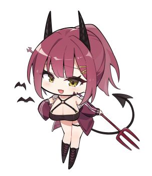 Rule 34 | 1girl, alternate costume, bat (animal), black boots, blunt bangs, blush, boots, breasts, chibi, chibi only, chinese commentary, cleavage, commentary request, criss-cross halter, demon girl, demon horns, demon tail, fang, full body, futamihara ririko, hair ornament, hairclip, halterneck, hand up, highres, holding, holding polearm, holding weapon, horns, hu shan., jacket, lace-up boots, large breasts, leaning forward, limelight lemonade jam, long sleeves, looking at viewer, medium hair, o-ring, o-ring thigh strap, o-ring top, open clothes, open jacket, open mouth, parallel hairclips, polearm, ponytail, red hair, red jacket, sidelocks, simple background, skin fang, smile, solo, standing, tail, thigh strap, track jacket, trident, tsurime, weapon, white background, yellow eyes