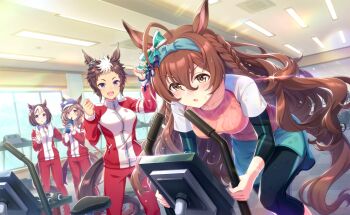 4girls animal_ear_piercing animal_ears aqua_bow aqua_hairband artist_request black_sleeves blue_hat blue_pants blue_ribbon blush bottle bow braid breasts brown_hair ceiling_light cheering collarbone crest determined dot_nose drinking ear_bow ear_ornament ears_through_headwear exercising feet_out_of_frame game_cg gym_uniform hair_between_eyes hair_ornament hair_ribbon hairband hairclip half_up_braid happy hat highres holding holding_bottle holding_stopwatch horse_ears horse_girl horse_tail indoors jacket large_breasts layered_sleeves light_particles long_hair long_hair_between_eyes long_sleeves matikanetannhauser_(umamusume) mejiro_bright_(umamusume) mejiro_ryan_(umamusume) multicolored_hair multicolored_jacket multiple_girls newsboy_cap official_art open_mouth pants parallel_hairclips pink_shirt pocket purple_bow purple_eyes red_jacket red_pants ribbon shirt short_over_long_sleeves short_sleeves side_braids sparkle special_week_(umamusume) sportswear stopwatch sweat sweatpants sweaty_clothes tail tan third-party_source tracen_training_uniform track_jacket twin_braids two-tone_hair two-tone_jacket umamusume very_long_hair watch wavy_hair white_hair white_jacket white_sleeves window yellow_eyes zipper