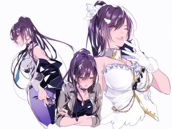 1girl :d black_hair black_jacket bow breasts brown_jacket choker cleavage collar collarbone crossed_arms detached_collar dress earrings female_focus from_side gloves hair_bow highres hoop_earrings idol idolmaster idolmaster_shiny_colors jacket jewelry kaa large_breasts long_hair music necktie one_eye_closed open_mouth pants ponytail purple_pants shirase_sakuya shirt singing sleeveless sleeveless_dress sleeveless_shirt smile solo strapless strapless_dress white_gloves yellow_eyes