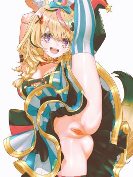 1girl :d absurdres ahoge animal_ear_fluff animal_ears anversailles arm_strap armpits arms_up ass asymmetrical_legwear black_hair blonde_hair blue_bow blue_skirt blue_thighhighs bow bowtie braid breasts cleavage clitoris commentary commission double-parted_bangs facial_mark fox_ears fox_girl fox_tail hair_between_eyes hair_bow hair_ornament hair_over_shoulder hairclip hat heart heart-shaped_pupils highres holding_own_leg hololive jester_cap large_breasts layered_skirt leg_lift long_hair looking_at_viewer mark_under_eye miniskirt mismatched_legwear multicolored_hair no_panties omaru_polka omaru_polka_(1st_costume) open_mouth pink_hair pink_thighhighs purple_eyes pussy red_bow red_bowtie shirt side_braid simple_background single_braid skirt sleeveless sleeveless_shirt smile solo split standing standing_on_one_leg standing_split streaked_hair striped_clothes striped_skirt striped_thighhighs symbol-only_commentary symbol-shaped_pupils tail teeth thighhighs tilted_headwear traditional_bowtie uncensored upper_teeth_only variant_set vertical-striped_clothes vertical-striped_skirt vertical-striped_thighhighs virtual_youtuber white_background x_hair_ornament