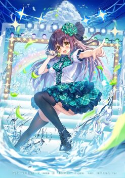 1girl akabane_(zebrasmise) black_hair black_shoes black_thighhighs concert copyright_notice hair_ornament holding holding_microphone idol_clothes long_hair microphone official_art open_mouth outdoors pecteilis pointing pointy_ears screen shoes solo sparkle splashing stage thighhighs water_drop yellow_eyes z/x