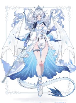 1girl blue_eyes blue_hands breasts butterfly_ornament cleavage colored_extremities commentary_request dragon_girl dragon_horns dragon_tail dragon_wings dress earrings facial_mark floating_hair forehead_mark full_body high-low_dress high_heels highres holding holding_sword holding_weapon horns jewelry large_breasts legs long_hair looking_at_viewer navel original parted_lips sabuneko2645 shoes solo spiked_horns standing sword tail teardrop_earrings teardrop_facial_mark thighlet weapon white_dress white_hair white_scales white_shoes white_tail white_wings wings