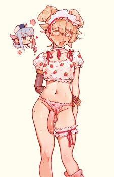 2girls arms_behind_back blonde_hair blonde_pubic_hair blue_hair blush bow chibi choker clothing_aside cyber_(cyanceebee) embarrassed female_pubic_hair floating_head food food_in_mouth food_print frilled_choker frilled_thigh_strap frills fruit fruit_print futa_without_pussy futanari genshin_impact hair_bow highres implied_fellatio ineffa_(genshin_impact) jahoda_(genshin_impact) knees lace large_penis licking looking_to_the_side maid_headdress mechanical_arms mole mole_on_penis mole_on_stomach mole_on_thigh multiple_girls navel panties panties_aside penis popsicle popsicle_in_mouth presenting presenting_penis print_panties prosthesis prosthetic_arm pubic_hair pubic_hair_peek shirt simple_background single_mechanical_arm solo_focus strawberry strawberry_panties strawberry_print sweat sweatdrop teeth testicles thigh_strap thighs underwear white_shirt