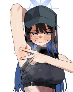 1girl absurdres arm_behind_head armpits baseball_cap black_hair black_hat black_shirt blue_archive blue_eyes blue_hair blue_halo blush breasts closed_mouth colored_inner_hair halo hat highres large_breasts looking_at_viewer multicolored_hair ruppu saori_(blue_archive) shirt simple_background sleeveless sleeveless_shirt solo spread_armpit upper_body white_background