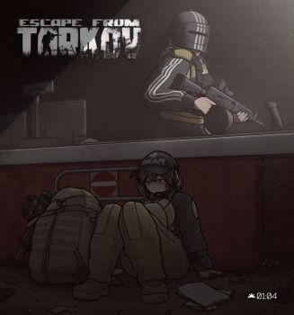 Rule 34 | 1boy, 1girl, @ @, absurdres, backpack, bag, baseball cap, black eyes, black jacket, black pants, boots, breasts, brown bag, brown boots, brown hair, brown jacket, brown pants, bulletproof vest, cash register, chest rig, clipboard, closed mouth, combat boots, combat helmet, copyright name, ear protection, escape from tarkov, gameplay mechanics, glasses, gun, h&amp;k mp5, hat, helmet, hiding, highres, holding, holding weapon, indoors, isthisicecrem, jacket, killa (escape from tarkov), large breasts, light machine gun, machine gun, medium hair, multicolored jacket, on floor, optical sight, original, pants, patch, rpk-16, scanlines, silk, sitting, spider web, submachine gun, suppressor, sweat, track suit, trash, two-tone jacket, visor (armor), weapon