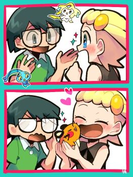 Rule 34 | 1boy, 1girl, blonde hair, blue eyes, bonnie (pokemon), dedenne, gen 3 pokemon, gen 4 pokemon, gen 6 pokemon, glasses, jirachi, legendary pokemon, looking at another, manaphy, max (pokemon), mythical pokemon, nintendo, opaque glasses, open mouth, pokemon, pokemon: jirachi: wish maker, pokemon (anime), pokemon (creature), pokemon ranger and the temple of the sea, pokemon rse (anime), pokemon xy (anime), smile, sparkle, tsunoji, v-shaped eyebrows, wavy mouth