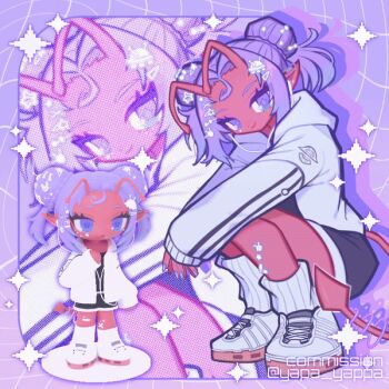 1girl 3d alien animated animated_gif antennae black_shorts blinking bow cable colored_skin commission demon_tail double_bun earphones eyelashes hair_bow hair_bun hair_ornament hairclip hood hoodie long_sleeves looking_at_viewer looping_animation medium_hair original pointy_ears purple_eyes purple_hair purple_nails red_skin shoes short_twintails shorts sidelocks socks solo sparkle squatting star_(symbol) star_hair_ornament tail tail_ornament tail_ring twintails ufo ufo_hair_ornament white_hoodie white_shoes white_socks yappari