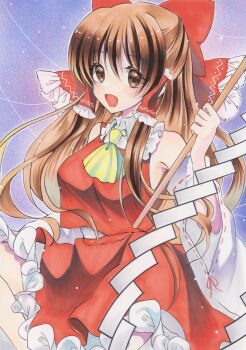 1girl absurdres ascot blush bow breasts brown_eyes brown_hair commentary_request detached_sleeves frilled_bow frilled_hair_tubes frilled_skirt frills gohei hair_bow hair_tubes hakurei_reimu highres holding holding_gohei long_hair looking_at_viewer marker_(medium) open_mouth red_bow red_skirt ribbon-trimmed_sleeves ribbon_trim skirt skirt_set smile solo touhou traditional_media yamiichif yellow_ascot