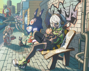 1boy 3girls ? absurdres anby_demara animal_ear_fluff animal_ears bangboo_(zenless_zone_zero) bare_shoulders bench billy_kid black_cat black_gloves black_hair black_ribbon black_shorts black_skirt black_thighhighs building burger cat cat_ears cat_girl closed_mouth clothed_robot clothing_cutout commentary_request crop_top eating eous_(zenless_zone_zero) fingerless_gloves food glove_cutout gloves graffiti green_eyes green_jacket green_shoes green_sleeves grey_hair hairband headphones highres holding holding_burger holding_food humanoid_robot industrial_pipe jacket jumping leg_up long_hair micro_shorts multiple_girls navel nekomiya_mana nicole_demara open_mouth orange_eyes outdoors pink_hair ponytail red_eyes red_hairband red_jacket red_sleeves ribbon robot robot_boy shadow shige_1237 shoes short_eyebrows short_hair shorts shoulder_cutout single_thighhigh sitting skirt sleeveless sleeveless_jacket statue strapless thighhighs tube_top two_side_up v-shaped_eyebrows white_tube_top zenless_zone_zero